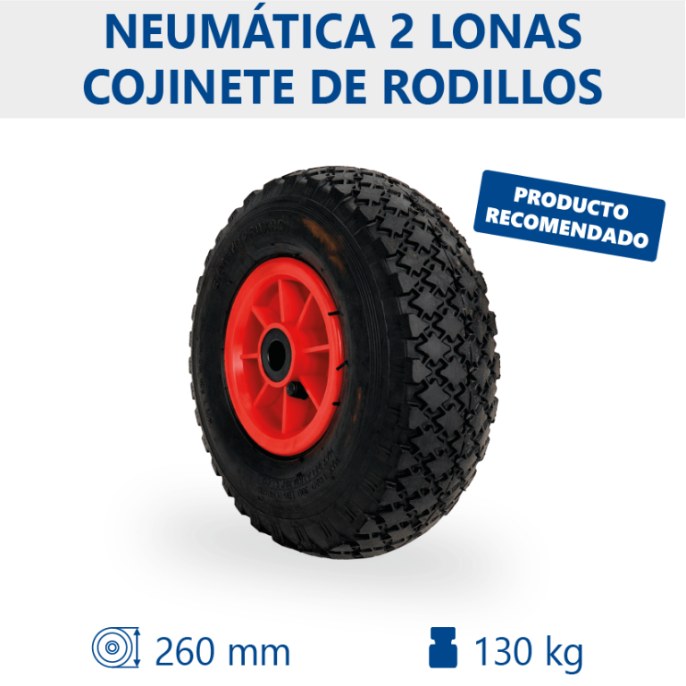 Rueda neumática 2 lonas Ø260mm con cojinete de rodillos