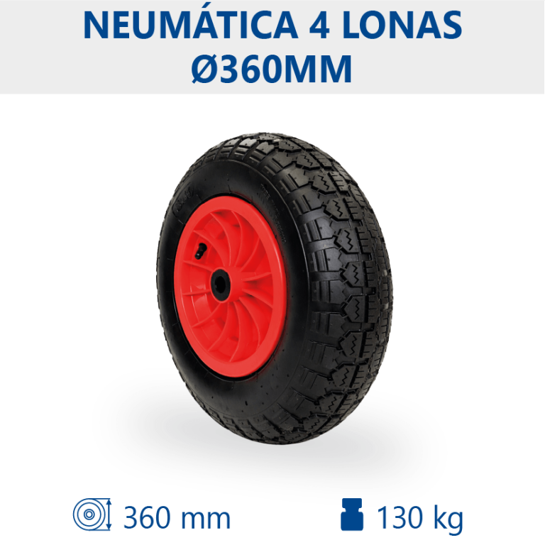 Rueda neumática 4 lonas Ø360mm con cojinete de rodillos