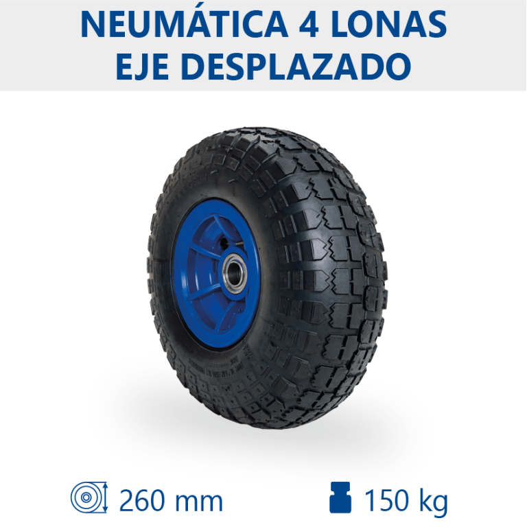 Rueda neumática 4 lonas Ø260mm con eje desplazado