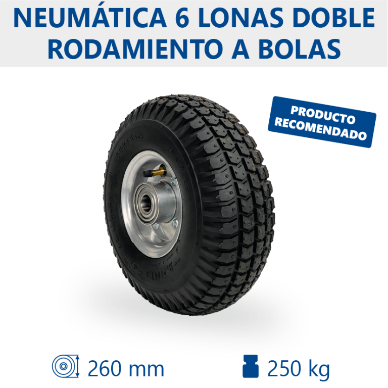 Rueda neumática 6 lonas Ø260mm con rodamiento a bolas