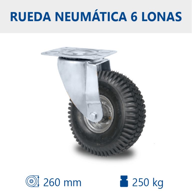 Rueda neumática 6 lonas de Ø260mm con rodamiento a bolas